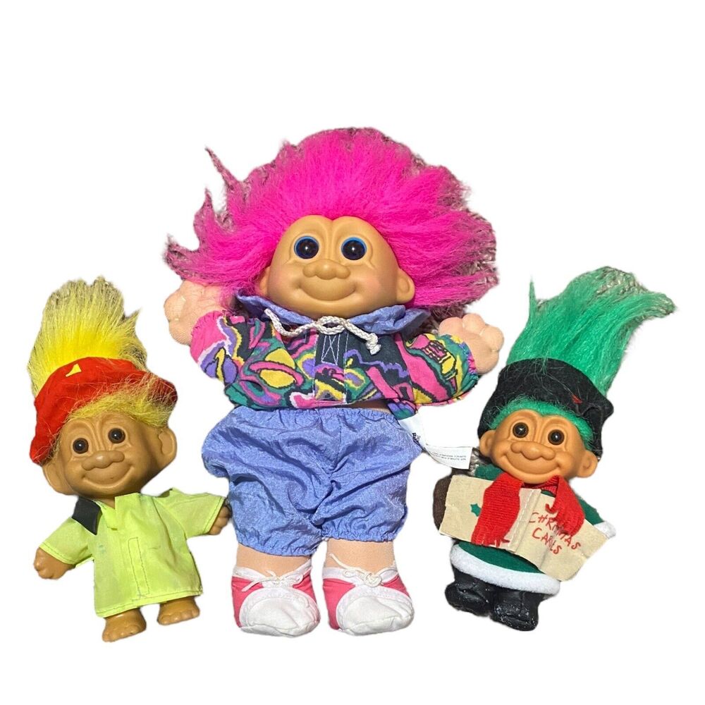 VTG 80s Russ Berrie Trolls Lot Of 3 Neon Hair 11” Troll Kidz Rocky & 7.5” Vinyl